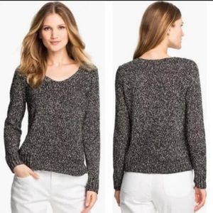 EILEEN FISHER COTTON PULLOVER MARLED V NECK SWEATER BLACK & WHITE WOMEN’S XS